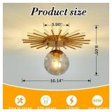 UOFUS Gold Sunburst Semi Flush Mount Ceiling Light Fixture with Glass Globe 1-Light Small Chandelier Farmhouse Ceiling Lamp for Hallway Stairwell Foyer Office Entryway