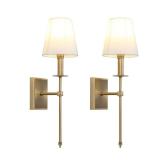 PERMO Set of 2 Classic Rustic Industrial Wall Sconce Lighting Fixture with Flared White Textile Lamp Shade and Antique Brass Tapered Column Stand, Hardwired, E26 Base