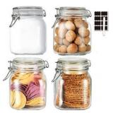 32oz Glass Food Storage Jars with Airtight Clamp Lids,Set of 4 Airtight Glass Canister Square- Clear Storage Container for Kitchen Container Storing Sugar, Flour, Cereal,Coffee,Spice