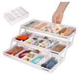 3 Tier Drawer Organizer - Expandable Junk Drawer Organizer Smart Office Supply Organizer, Folding Drawer Storage Multi-level Desk Organizer for Makeup,Jewelry,Kitchen Storage (1 Row 3 Tier, White)