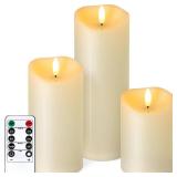 Outdoor Flameless Candles with Remote Timer - Waterproof Realistic Flickering LED Pillar Electric Battery Operated Fake Candle for Holiday Home Wedding Fireplace Decor - Ivory 3 Pack (D3 H4,6,8")