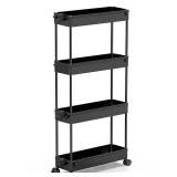 SPACEKEEPER Slim Rolling Storage Cart 4 Tier Bathroom Organizer Cart Mobile Shelving Unit Slide Out Utility Cart for Kitchen, Bthroom, Makeup, Craft, Laundry Narrow Places, Black