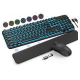 Wireless Keyboard and Mouse Backlit - Typewriter Keyboard with Magnetic Wrist Rest, Retro Round Keycaps, Light Up Letters, 2.4GHz Cordless Combo for Mac, Windows, PC, Laptop, Trueque [Upgraded]