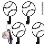 Otoolling 4 Pcs Baseball Metal Key Hooks for Wall Decorative Key Holder 4.7 x 7.1 Inches Coat Rack Wall Mounted Black Art Decor for Gift Coats Hats Towels Bags Hanging