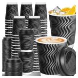 Sipthene 100 Pack 8 oz Disposable Coffee Cups with Lids, To Go Insulated Thick Coffee Cups for Hot/Cold Beverage, Corrugated Ripple Wall Cups for Espresso Coffee, Hot Chocolate and Cocoa - Black