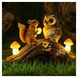 WONDHOME Solar Owl Garden Statues Outdoor Decor Resin Owl Squirrel Figurine with Mushroom Lights for Patio Lawn Yard Decorations Christmas Birthday Housewarming Gardening Gifts for Women Mom
