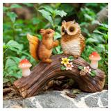 WONDHOME Solar Owl Garden Statues Outdoor Decor Resin Owl Squirrel Figurine with Mushroom Lights for Patio Lawn Yard Decorations Christmas Birthday Housewarming Gardening Gifts for Women Mom