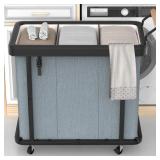 60 Gal (230L) Laundry Hamper 3 Section with Lid, Leather Patchwork Laundry Sorter with Rolling Lockable Wheels and Handle, Laundry Basket Organizer for Laundry Room, Bedroom and Bathroom - Gray