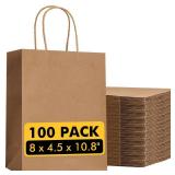 RACETOP Brown Paper Bags with Handles Bulk 100Pcs 8x4.5x10.8 Inch Gift Bags Bulk, Brown Kraft Paper Bags for Retail, Party, Shopping, Favor