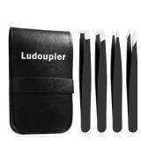 LUDOUPIER [4+1 Pieces] Tweezers Set with Travel Case, Great Precision Upgrade Professional Anti-rust Alloy Tweezers for Women & Men Multi-purpose as Eyebrows Facial Hair Ingrown Hair Removal