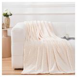 Puncuntex Flannel Fleece Throw Blanket Cream White 50"x60", Super Soft Plush Cozy Blanket with 3D Jacquard Square Grid Design Luxury for Couch Sofa Chair