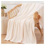 Puncuntex Flannel Fleece Throw Blanket Cream White 50"x60", Super Soft Plush Cozy Blanket with 3D Jacquard Square Grid Design Luxury for Couch Sofa Chair