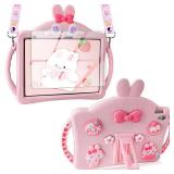 VOFUOE for iPad 10th Generation Case 10.9 Inch 2022 Kids Girls for iPad A16 Case 11th Generation 2025 with Screen Protector Shoulder Straps Handle Cute Rabbit Soft Silicone Tablet Cover-Pink