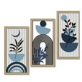 Putuo Decor Boho Abstract Wall Art, Set of 3, Modern Botanical Wooden Wall Decor, Blue Mid-Century Minimalist Framed Artwork for Living Room Bedroom, Office