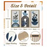 Putuo Decor Boho Abstract Wall Art, Set of 3, Modern Botanical Wooden Wall Decor, Blue Mid-Century Minimalist Framed Artwork for Living Room Bedroom, Office