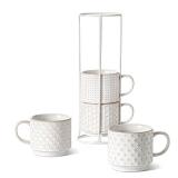 LE TAUCI Stackable Coffee Mugs Set with Stand, Ceramic Embossment Coffee Cups for Au Lait, Cappuccino,Latte,Cafe,Mocha,Tea, Suit For Housewarming Wedding - 12 oz, Set of 4,Arctic white