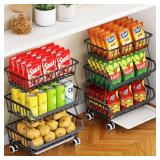 Miyawell 3-Tier Rolling Pantry Cart with Wheels, Stackable Wire Storage Floor Organizer for Kitchen Pantry Snack Shelves, Fruit Basket Stand, Vegetable Storage Rack for Food Snacks Onion Potato