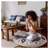 DAWNYIELD Meditation Cushion 32 Inch Round, Extra Thick Memory Foam Floor Pillow with Removable Washable Cover, Bohemian Mandala Yoga Cushion for Adults - Ideal Gift & Holiday Decor, Blue
