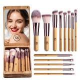 BS-MALL Travel Makeup Brush Set Kabuki Brushes Bamboo- Includes Eyeshadow Blush Brush & Foundation Brush For Liquid Makeup - 5X Magnifier Bamboo Mirror Case For Travel or On the Car Daily Use