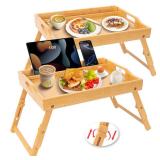 Greenual 2 Pack Bed Tray Table with Handles Folding Legs, Bamboo Breakfast Food Tray with Media Slot, Use As Platter, Laptop Desk, Snack, TV Tray Kitchen Serving Tray(Natural)