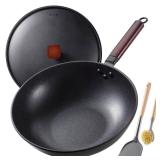 Teewe Carbon Steel Wok -13 Inch Woks & Stir-fry Pans Nonstick, Wok Pan with Lid Spatula and Dish Brush: Pre-Seasoned Flat Bottom Chinese Woks for Induction, Electric, Gas, All Stoves