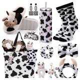 FillTouch 11 Pcs Cow Gifts Sets for Women Tumbler Slippers Socks Earrings Hair Scrunchies Headbands Tote Bag Cow Print Stuff for Graduation Birthday Mother Animal Lover Farm