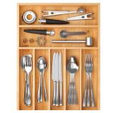 BAMEOS Bamboo Silverware Drawer Organizers, 11.9 inch Utensil Drawer Organizer for Kitchen Drawers, 7 Slots Total Large Flatware Organizer for Knives Cutlery Spoons Forks (Natural)