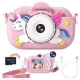 ZUODUN Kids Camera Toys for Girls Age 3-8, Kids Digital Camera Toddler Camera for 3 4 5 6 7 8 Years Old Birthday Gifts, 1080P Video Cameras with Cute Protective Cover & 32GB SD Card