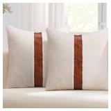 cygnus Teddy Boucle Decorative Throw Pillow Covers 18x18 Inch Faux Leather Striped Contrast Accent Fluffy Faux Fur Sherpa Pillowcase Neutral Boho Farmhouse Decor for Couch Bed Living Room,Cream 2PCS
