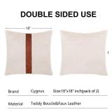 cygnus Teddy Boucle Decorative Throw Pillow Covers 18x18 Inch Faux Leather Striped Contrast Accent Fluffy Faux Fur Sherpa Pillowcase Neutral Boho Farmhouse Decor for Couch Bed Living Room,Cream 2PCS
