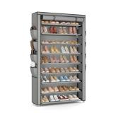 BrFoYu Shoe Rack with Cover, 10 Tier Shoe Organizer Storage for 40-50 Pairs Sneaker and Boots, Large Capacity, with 8 Pockets, Free Standing Tall Shoe Rack for Front Door Entrance, Closet, Grey