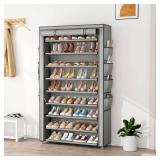 BrFoYu Shoe Rack with Cover, 10 Tier Shoe Organizer Storage for 40-50 Pairs Sneaker and Boots, Large Capacity, with 8 Pockets, Free Standing Tall Shoe Rack for Front Door Entrance, Closet, Grey