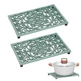 Sumnacon 9.6 x 6.3 Inch Cast Iron Trivet, 2 Pack Metal Trivets with Rubber Feets,Iron Trivet for Hot Dish Pot Pan Plate Teapot,Heat Resistant Trivets Cast Iron for Kitchen Cooktop Dining Table, Green