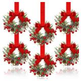 Dingion 6 Pcs 6\" Christmas Mini Cabinet Wreaths for Kitchen with Ribbon Bows Red Berry Small Window Wreath for Window Door Farmhouse Christmas Party Decorations (Stylish Style)
