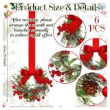Dingion 6 Pcs 6\" Christmas Mini Cabinet Wreaths for Kitchen with Ribbon Bows Red Berry Small Window Wreath for Window Door Farmhouse Christmas Party Decorations (Stylish Style)