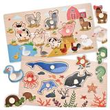 WoodTrove Wooden Peg Puzzles for Toddlers 1-3, 2 Pcs Montessori Puzzles, Animal & Sea Themes Puzzles, Great Preschool Educational Learning Gifts for Girls and Boys