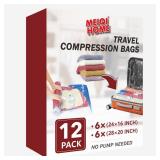 12 Pack Compression Bags for Travel | Vacuum Seal Storage Bags for Luggage & Dirty Clothes | Travel Packing Space Saver Bags for Suitcases & Home Organization | MEIQIHOME