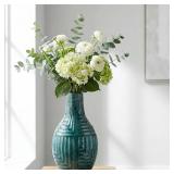 hjn Teal Hand-Glazed Ceramic Vase - 9.4" H Modern Decorative Centerpiece Vase for Fresh/Dried Flowers, Home Decor for Living Room Bookshelf Mantel | Wedding Housewarming Gift