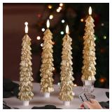Eywamage Gold Christmas Tree Candles with Remote, Real Wax Flickering Flameless LED Taper Candles Set of 4 - Retail: $25