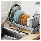 Laveshop Small Dish Drying Rack, Compact Dish Drainer for Kitchen Counter, with Adjustable Back Slots, Space-Saving for Small Kitchens, Gray - Retail: $23