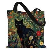 LZYRF Black Cat Floral Tote Bag, Cat Lover Mom Lady Gifts Canvas Tote Bags for Women, Whimsical Black Kitten Botanical Reusable Grocery Shopping Bag - Retail: $10