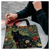 LZYRF Black Cat Floral Tote Bag, Cat Lover Mom Lady Gifts Canvas Tote Bags for Women, Whimsical Black Kitten Botanical Reusable Grocery Shopping Bag - Retail: $10