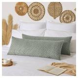 Kevin Textile 14x36 Inch Long Lumbar 1 Pack Boho Decorative Throw Pillow Cover Soft Striped Corduroy Rectangle Cushion Case Farmhouse Solid Color Accent for Living Room Couch Sofa Bed, Greyish Green