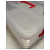 JUXYES 2-Tiers Stack Carry Storage Box With Handle, Transparent Stackable Storage Bin With Handle Lid Latching Storage Container for School & Office Supplies (Red) - Retail: $26