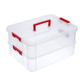JUXYES 2-Tiers Stack Carry Storage Box With Handle, Transparent Stackable Storage Bin With Handle Lid Latching Storage Container for School & Office Supplies (Red) - Retail: $26