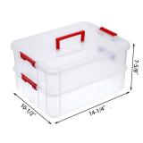 JUXYES 2-Tiers Stack Carry Storage Box With Handle, Transparent Stackable Storage Bin With Handle Lid Latching Storage Container for School & Office Supplies (Red) - Retail: $26