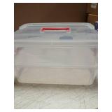 JUXYES 2-Tiers Stack Carry Storage Box With Handle, Transparent Stackable Storage Bin With Handle Lid Latching Storage Container for School & Office Supplies (Red) - Retail: $26
