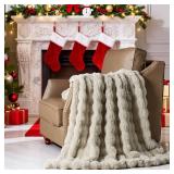 Lotus Karen Faux Fur Throw Blanket Linen - 800 GSM Bubble Rabbit Fluff Blanket for Couch Bed Sofa,Softest Fluffy Fuzzy Cozy Blanket,Thick Furry Plush Shaggy Warm Blankets for Women,50x60 Inches - Reta