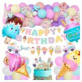 75Pcs Ice Cream Birthday Party Decorations for Girls Kids, Pastel Ice Cream Balloon Garland Arch Kit First Two Sweet Birthday Banner Foil Sprinkle Long Twist Balloons Cupcake Toppers Party Supplies - 