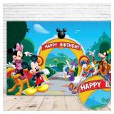 YouRan Mickey Mouse Clubhouse Birthday Party Backdrop 7x5 Vinyl Mickey Mouse and His Friends Happy 1st Birthday Background for Kids Cartoon Mickey Mouse Clubhouse Birthday Wall Decor - Retail: $25
